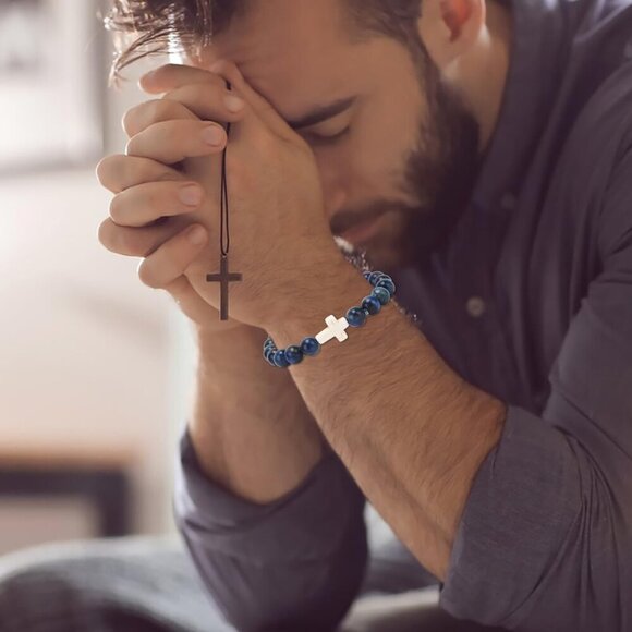 12Pcs Cross Bracelets Set Gemstone Beaded Stretch Faith Jewelry Unisex - Picture 2 of 7